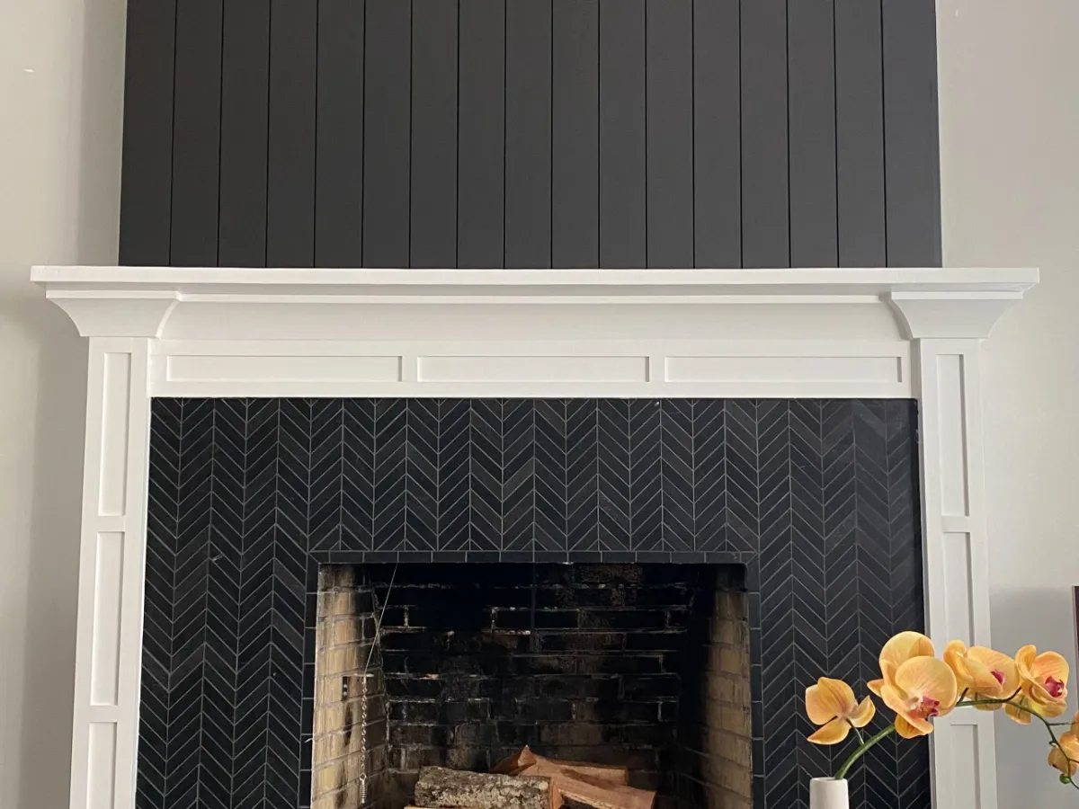 Custom shiplap accent wall around fireplace